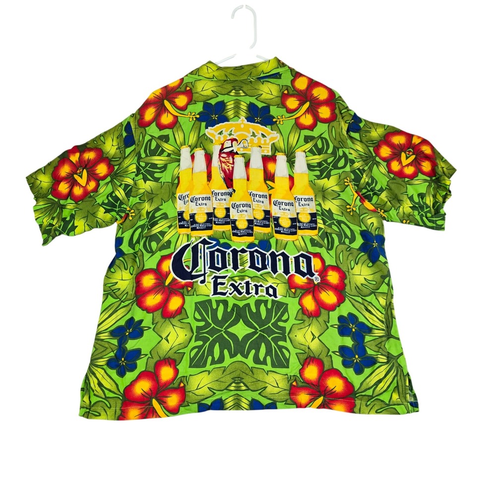 Corona Extra Button Up Shirt Men Large Green Tropical Floral Beer Rayon Hawaiian